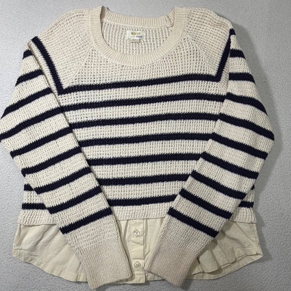 Maeve Sweater Womens Medium‎ Cream Navy Blue Striped Mixed Media Layered Look